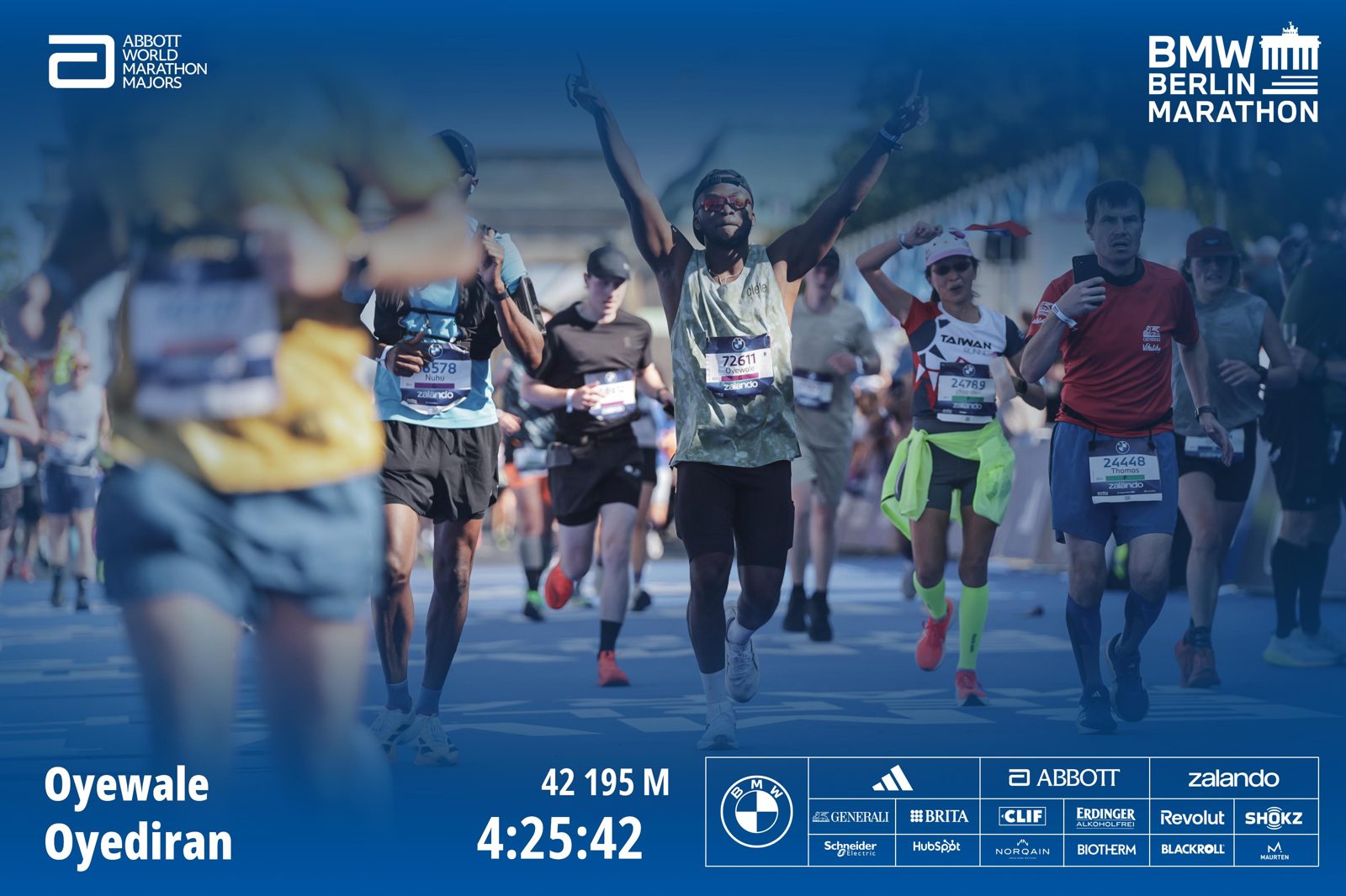 Official finisher card: Oyewale Oyediran, 42,195 m, 4:25:42